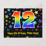 [ Thumbnail: 12th Birthday: Fun Stars Pattern, Rainbow 12, Name Postcard ]