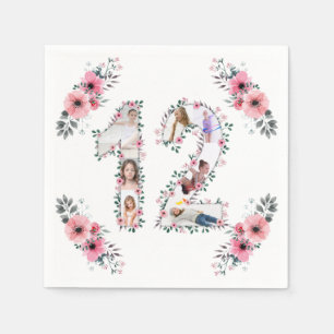 12th Birthday Girl Flower Photo Collage White Napkins