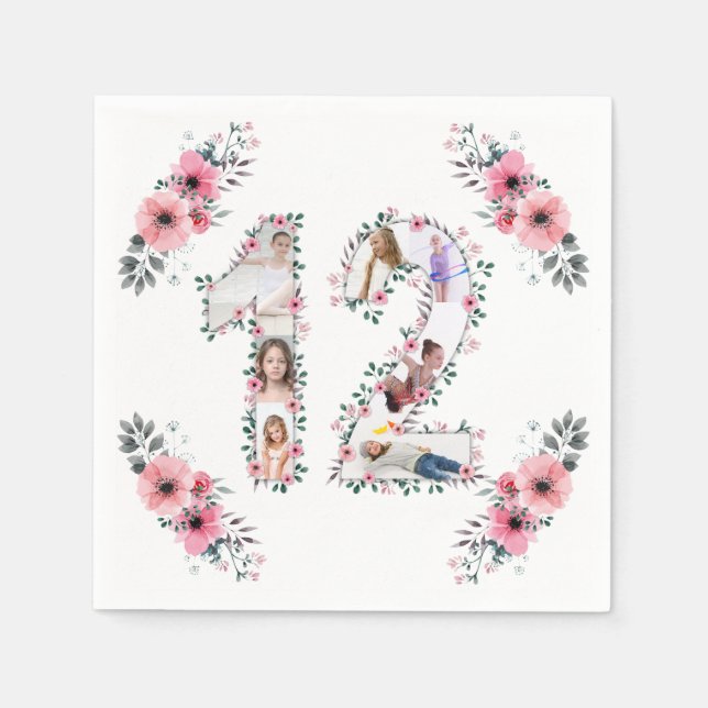 12th Birthday Girl Flower Photo Collage White Napkins (Front)