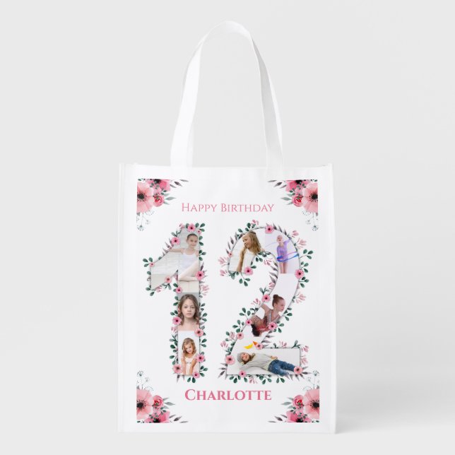12th Birthday Girl Photo Collage Pink Flower White Grocery Bag (Front)