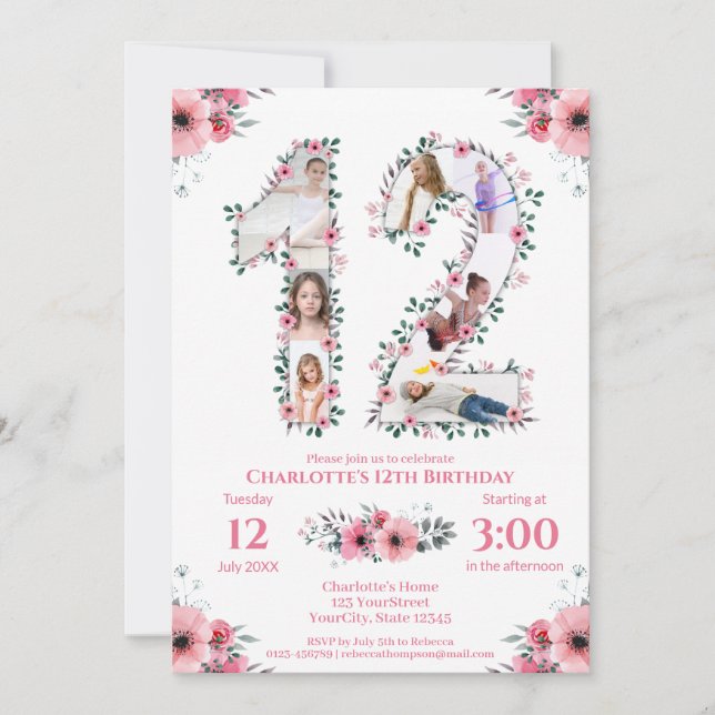 12th Birthday Girl Photo Collage Pink Flower White Invitation (Front)