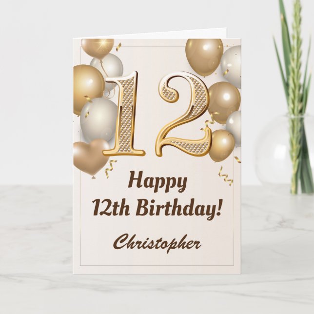 12th Birthday Gold Balloons and Confetti Birthday Card (Front)