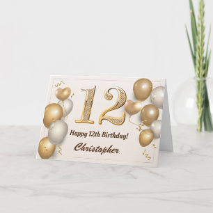 12th Birthday Gold Balloons and Confetti Birthday Card
