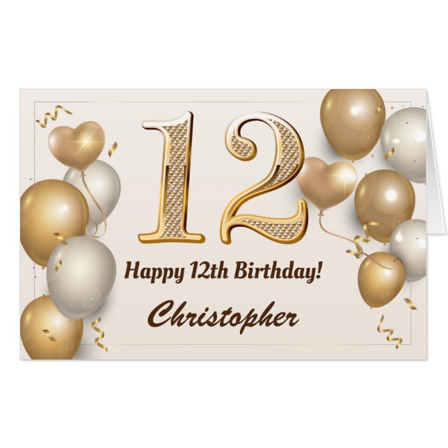 12th Birthday Gold Balloons Confetti Extra Large Card (Front Horizontal)