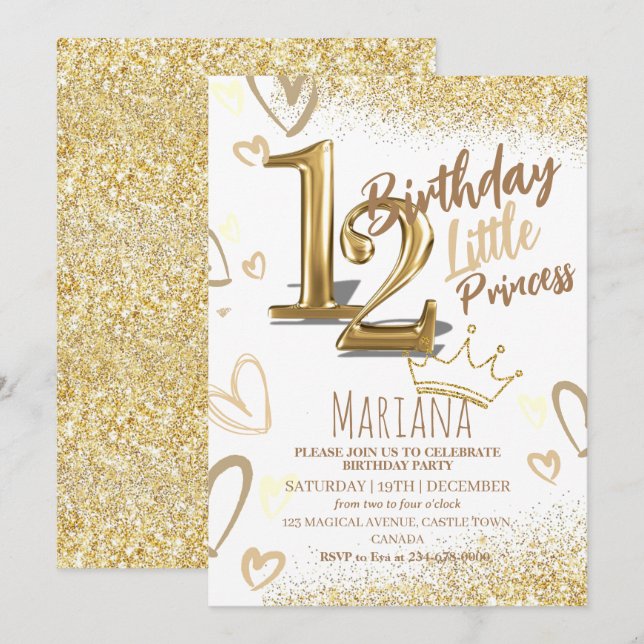 12th Birthday Heard Gold Glitter Glamorous Party Invitation (Front/Back)