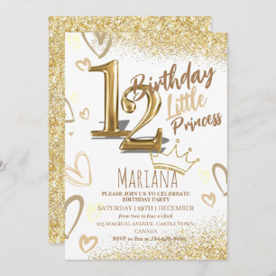 12th Birthday Heard Gold Glitter Glamorous Party Invitation