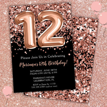12th Birthday Invitation Black Rose Gold Glitter by WittyPrintables at Zazzle