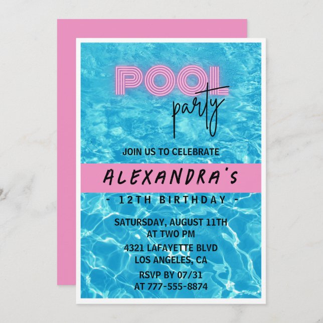 12th birthday invitation for her Pool Party Summer (Front/Back)