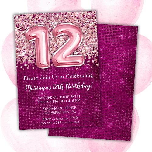 12th Birthday Invitation Girl Magenta Pink Glitter
