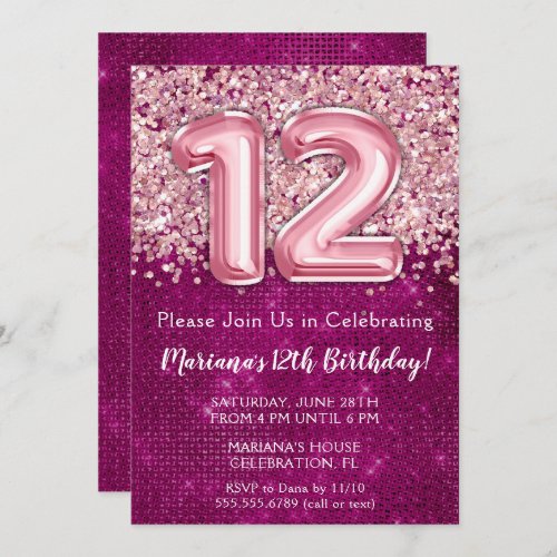 12th Birthday Invitation Girl Magenta Pink Glitter