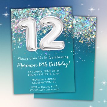 12th Birthday Invitation Teal Silver Glitter by WittyPrintables at Zazzle