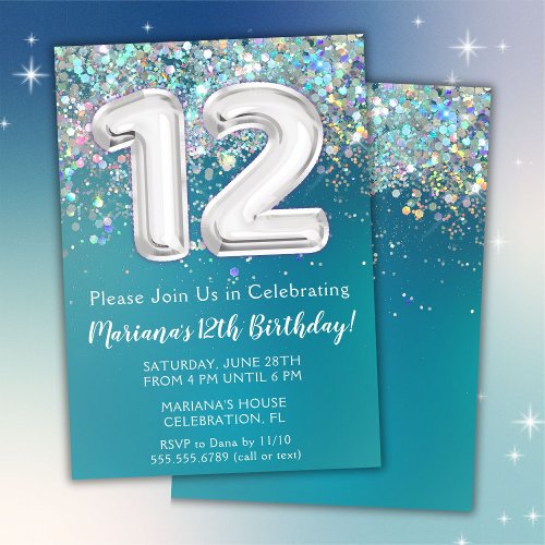 12th Birthday Invitation Teal Silver Glitter