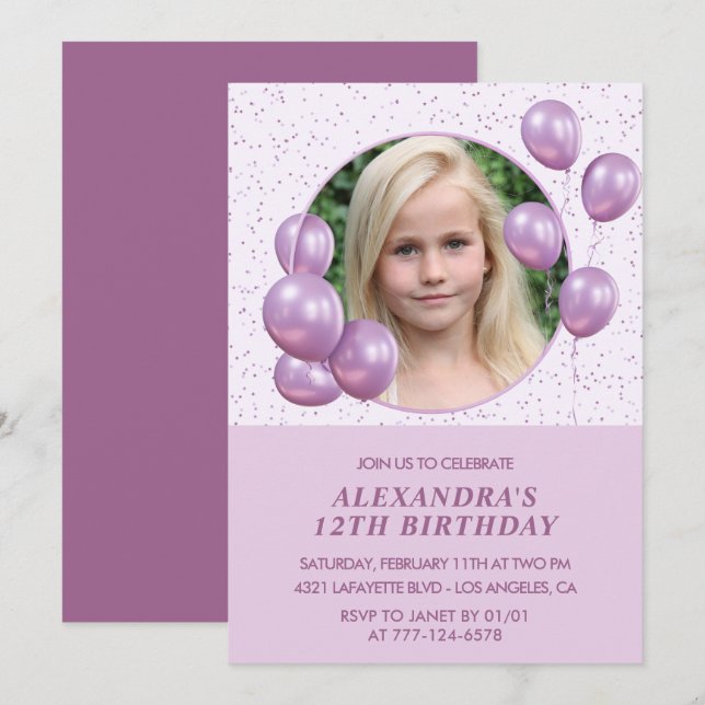 12th birthday invitations Balloons Photo Purple (Front/Back)
