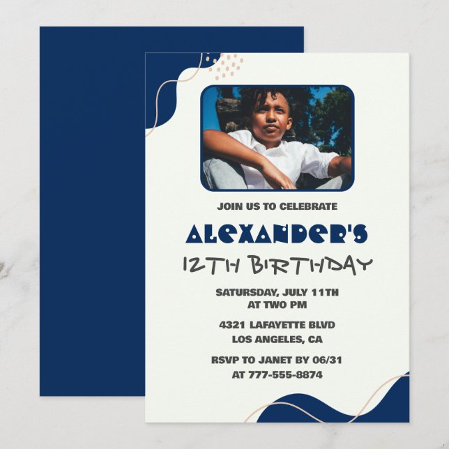 12th birthday invitations Boy Navy Simple Photo (Front/Back)