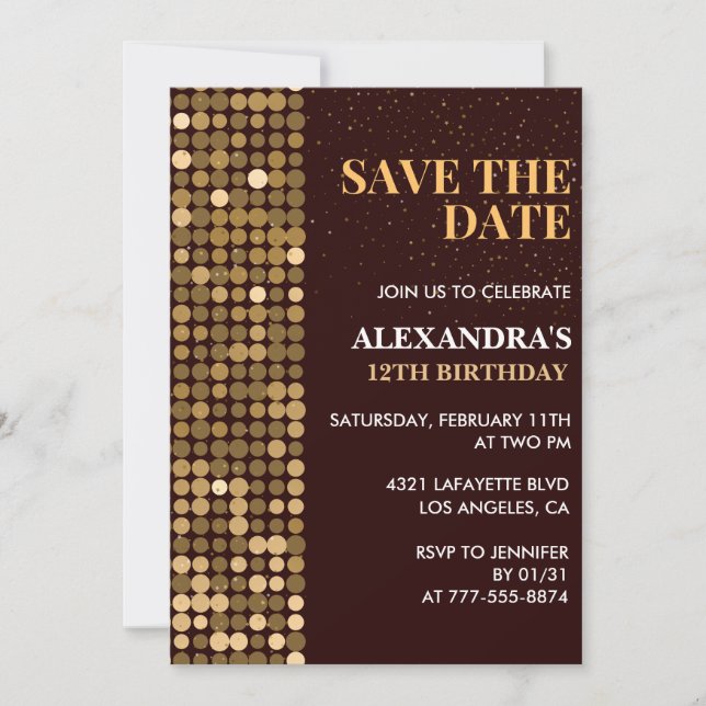 12th birthday invitations Save the date Gold (Front)