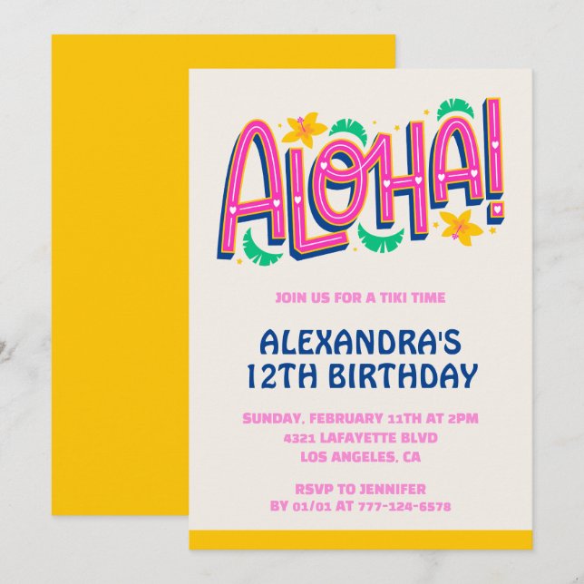 12th birthday invitations Tropical Aloha Hawaii (Front/Back)
