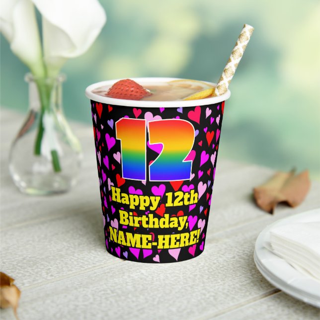 12th Birthday: Loving Hearts Pattern, Rainbow 12 Paper Cups (Insitu)