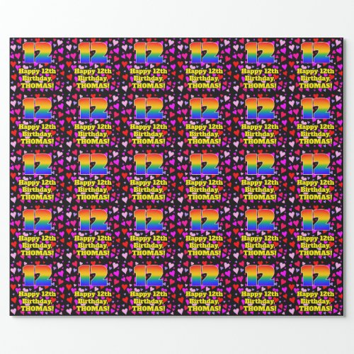 12th Birthday Loving Hearts Pattern Rainbow  12 Wrapping Paper
