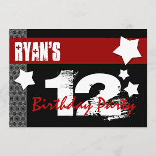 12th Birthday Modern For Him Red White Black W03B Invitation