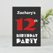 12th Birthday Modern Teen Black and White Pattern Invitation (Standing Front)