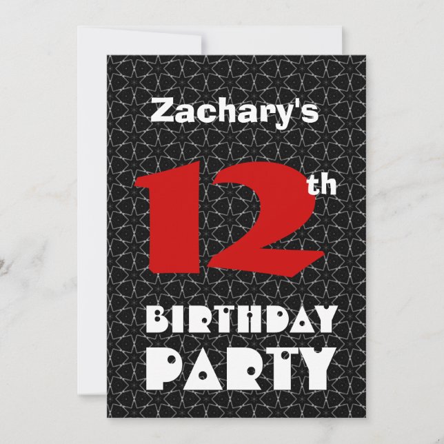 12th Birthday Modern Teen Black and White Pattern Invitation (Front)