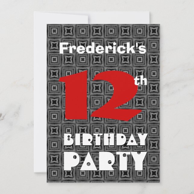 12th Birthday Modern Teen Black and White Pattern Invitation (Front)