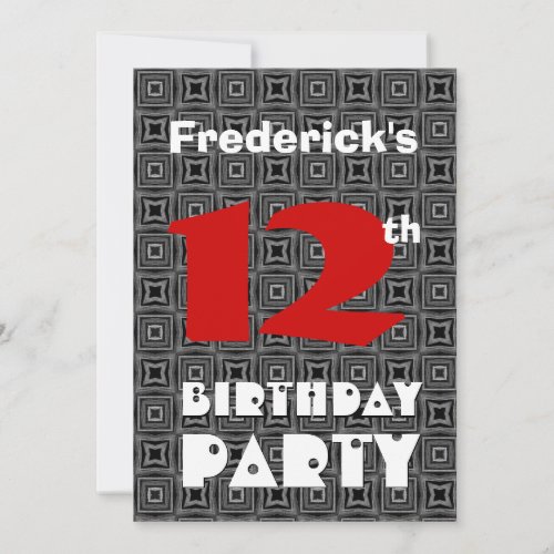 12th Birthday Modern Teen Black and White Pattern Personalized Invitations