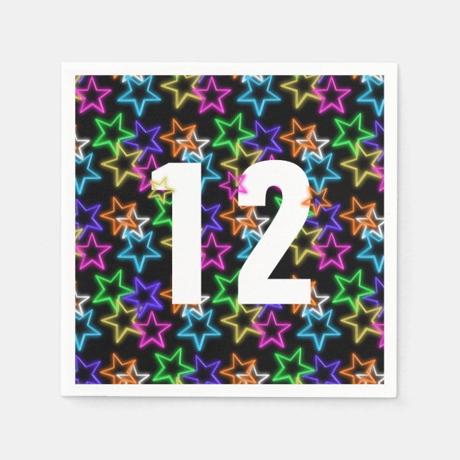 12th Birthday Neon Stars On Black  Napkins (Front)