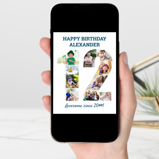 12th Birthday Number 12 Blue Photo Collage Card (Front Digital)