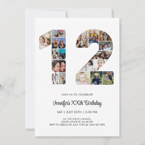 12th Birthday Number 12 Custom Photo Collage Invitation