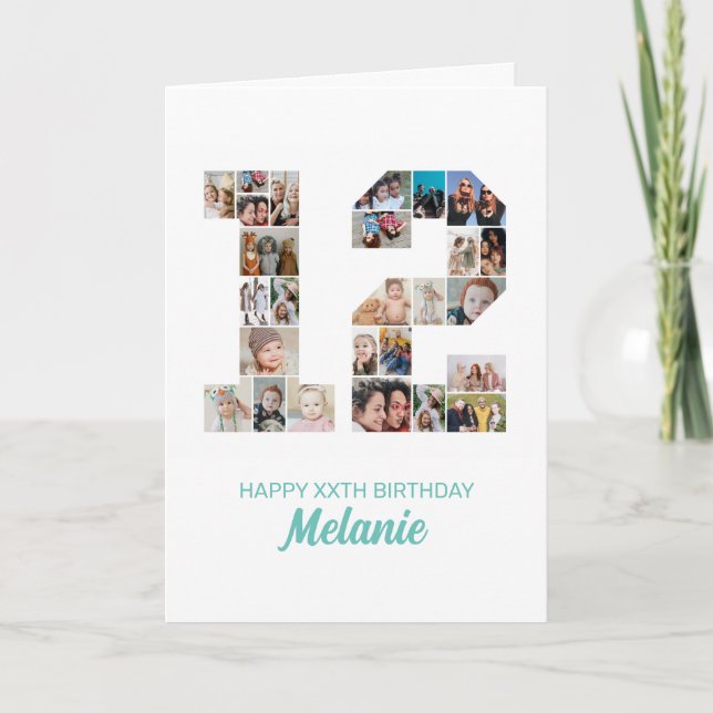 12th Birthday Number 12 Photo Collage Personalized Card (Front)