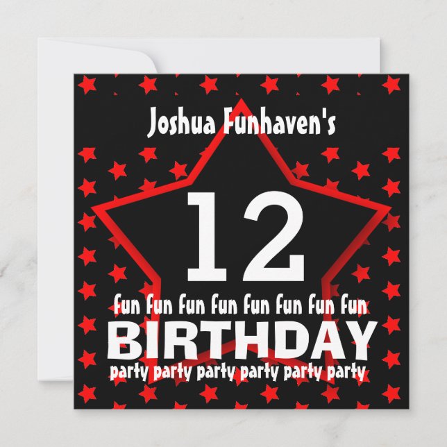 12th Birthday or ANY YEAR Black Red STAR V12A Invitation (Front)