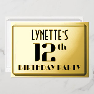 12th Birthday Party: Art Deco Look “12” and Name Foil Invitation