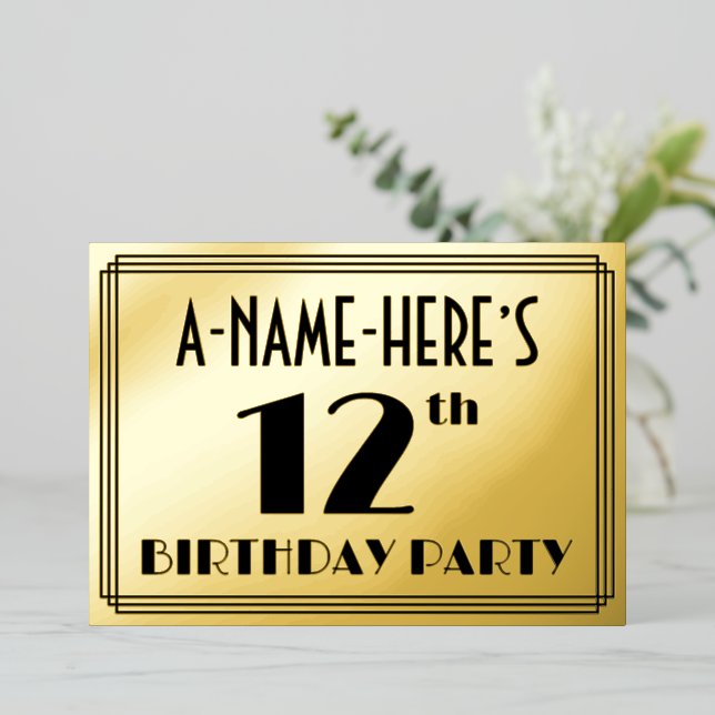 12th Birthday Party — Art Deco Look “12” + Name Foil Invitation (Standing Front)