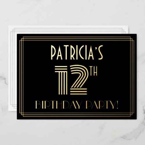 12th Birthday Party  Art Deco Style 12  Name Foil Invitation