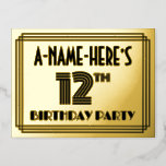 [ Thumbnail: 12th Birthday Party ~ Art Deco Style “12” + Name Postcard ]