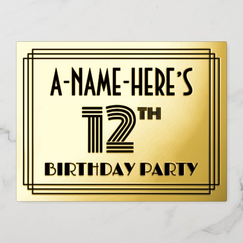 12th Birthday Party  Art Deco Style 12  Name Foil Invitation Postcard
