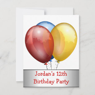 12th Birthday Party Balloons Red Blue Yellow Invitation