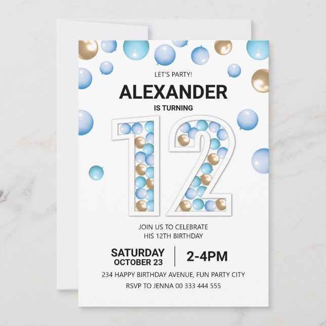 12th Birthday Party, Blue and Gold Balloon Boy Invitation (Front)