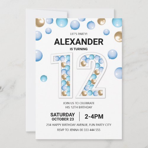 12th Birthday Party Blue and Gold Balloon Boy Invitation