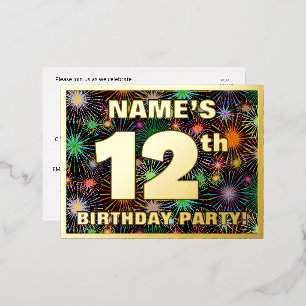 12th Birthday Party: Bold, Colorful Fireworks Look Foil Invitation Postcard