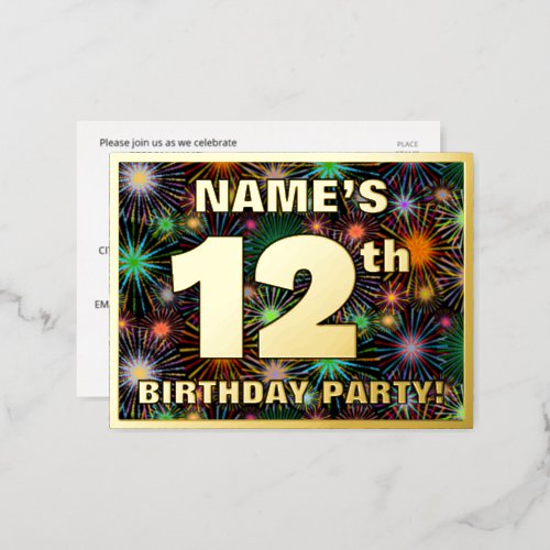 12th Birthday Party Bold Colorful Fireworks Look Foil Invitation Postcard