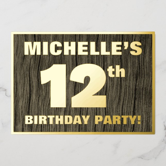 12th Birthday Party: Bold, Faux Wood Grain Pattern Foil Invitation (Front)