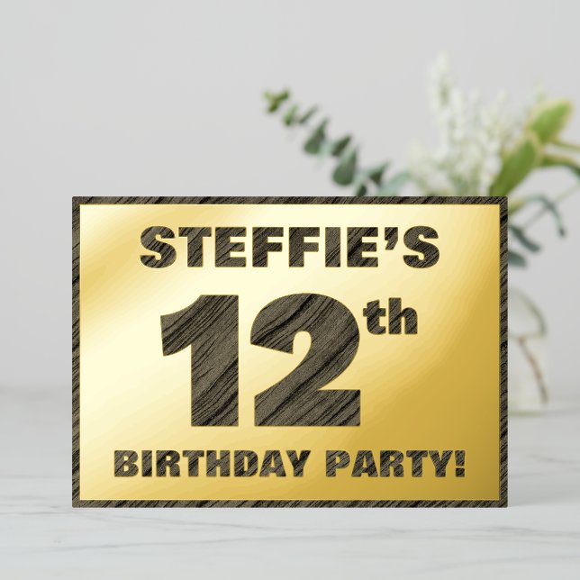 12th Birthday Party — Bold, Faux Wood Grain Text Foil Invitation (Standing Front)