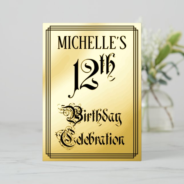 12th Birthday Party — Elegant Script + Custom Name Foil Invitation (Standing Front)