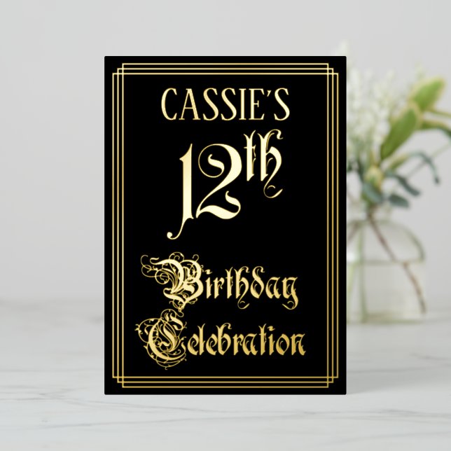 12th Birthday Party — Fancy Script & Custom Name Foil Invitation (Standing Front)
