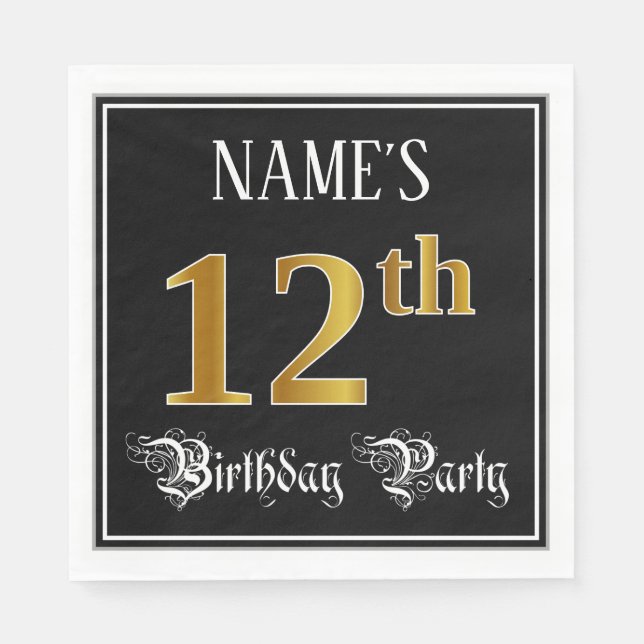 12th Birthday Party — Fancy Script, Faux Gold Look Napkins (Front)