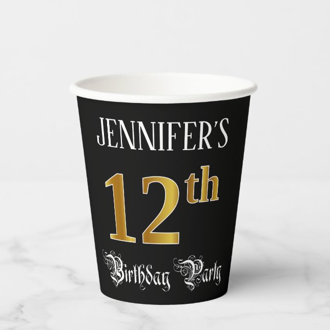 12th Birthday Party — Fancy Script, Faux Gold Look Paper Cups (Front)