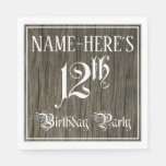 [ Thumbnail: 12th Birthday Party — Fancy Script, Faux Wood Look Napkins ]