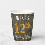 [ Thumbnail: 12th Birthday Party — Faux Gold & Faux Wood Looks Paper Cups ]
